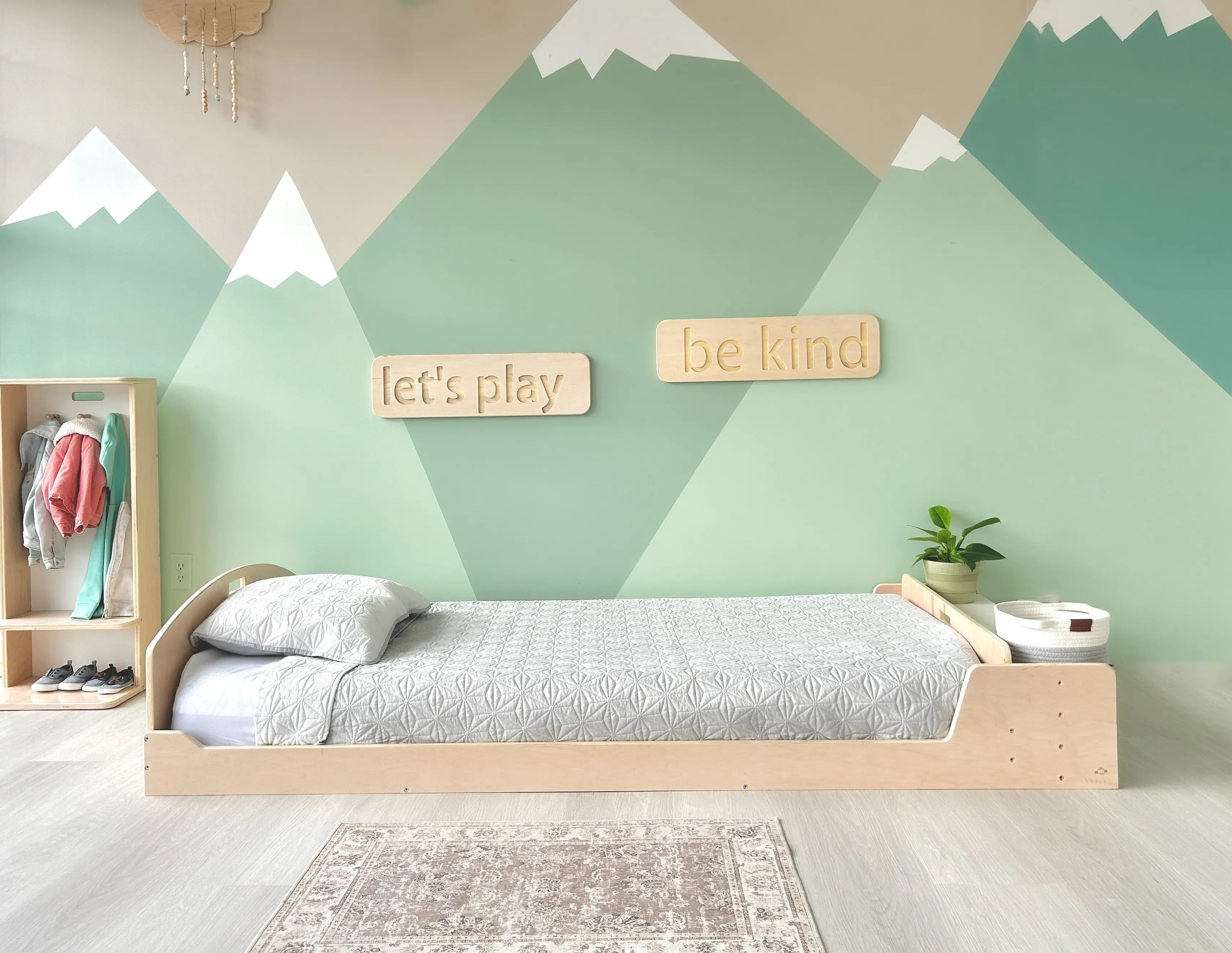 CHERRY TWIN Montessori Floor Bed with Shelves for Growing Kids - Shopthatapp.ca