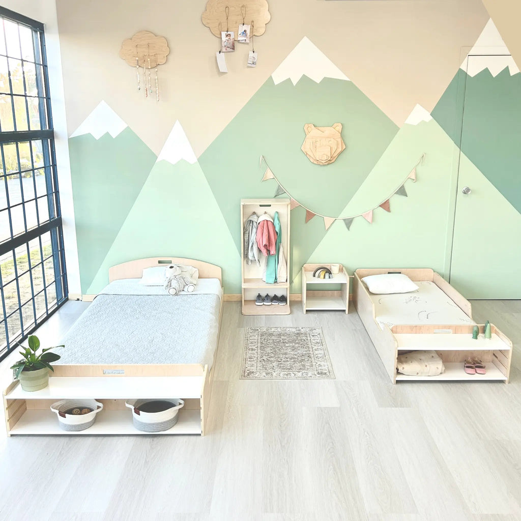 CHERRY TWIN Montessori Floor Bed with Shelves for Growing Kids - Shopthatapp.ca