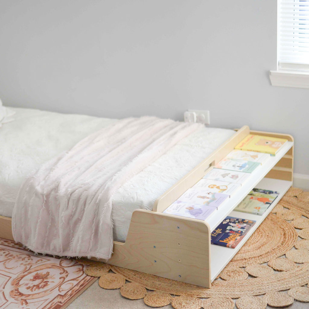 CHERRY TWIN Montessori Floor Bed with Shelves for Growing Kids - Shopthatapp.ca