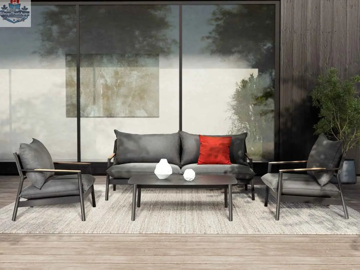Krikacy Monti aluminum outdoor conversational furniture set with four weather-resistant chairs and table, ideal for patio or garden.