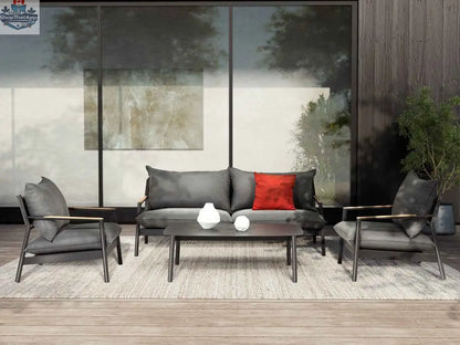 Krikacy Monti aluminum outdoor conversational furniture set with four weather-resistant chairs and table, ideal for patio or garden.
