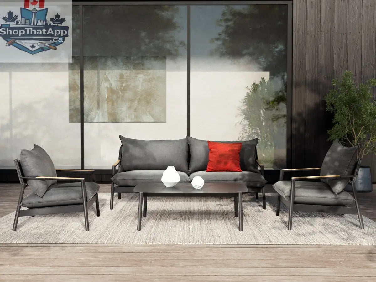 Enclover Monti sofa set with plush cushions and modern design, shown in a sleek, conversational arrangement.