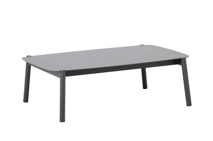 Krikacy Monti aluminum outdoor coffee table side view, weather-resistant conversational furniture piece in a modern patio setting.