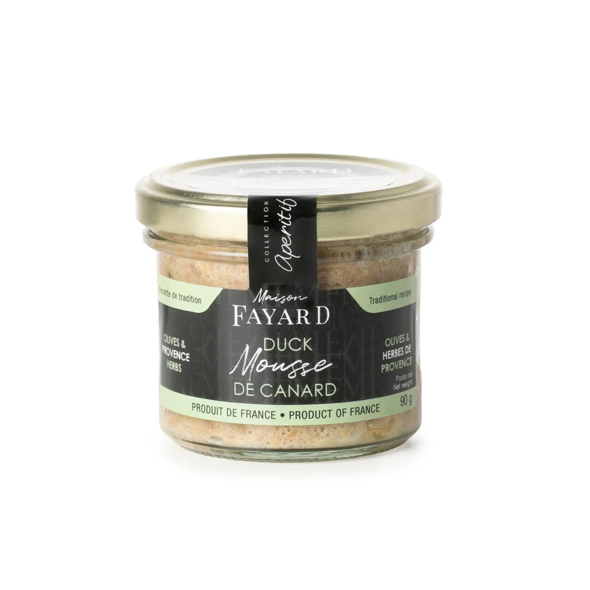 Jar of Maison Fayard duck mousse with olives and herbs de Provence, displayed with fresh herbs and olives in the image.