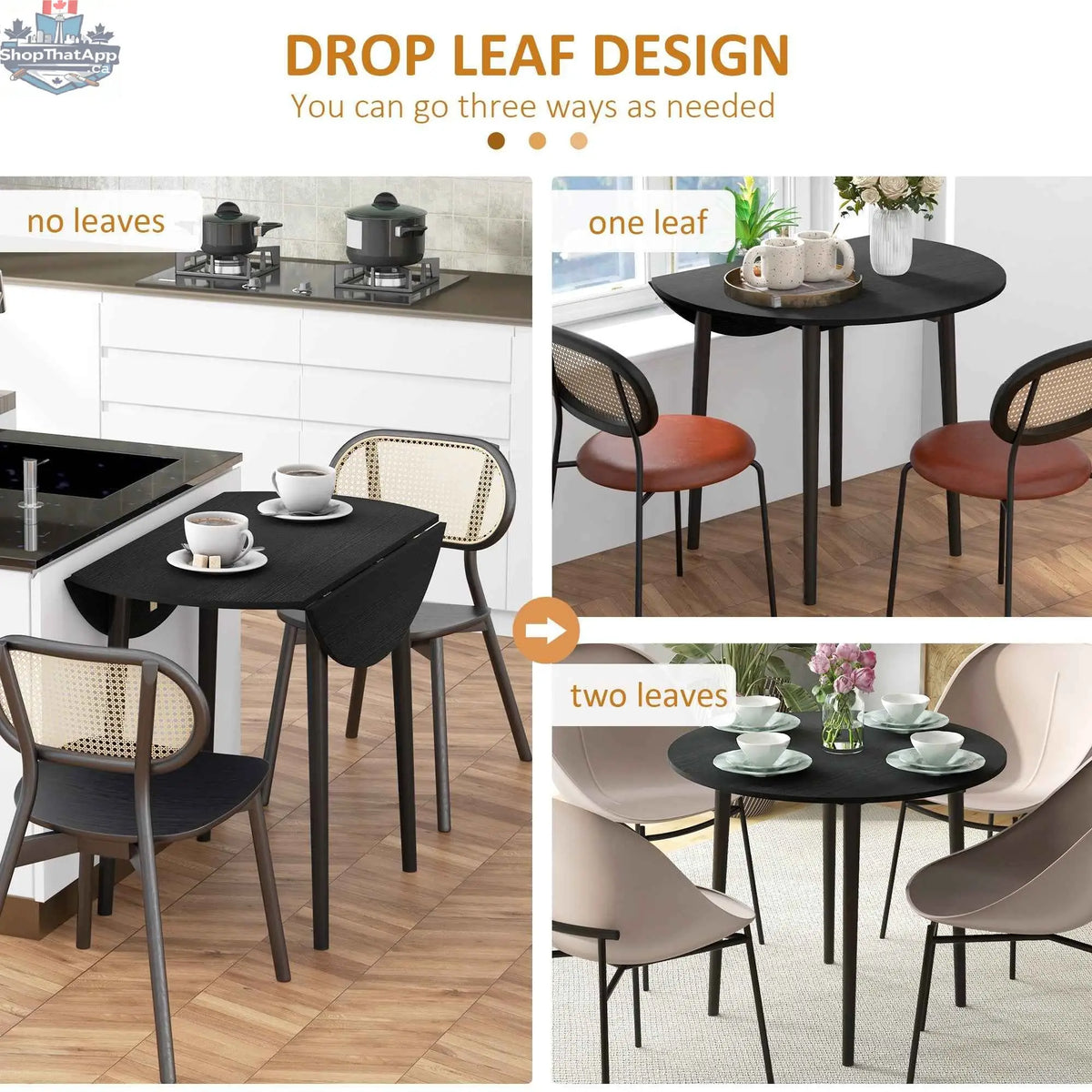 Black Merrill round drop-leaf dining table by SLOTH Nation, designed for small spaces, with a sleek, modern kitchen and dining furniture look.