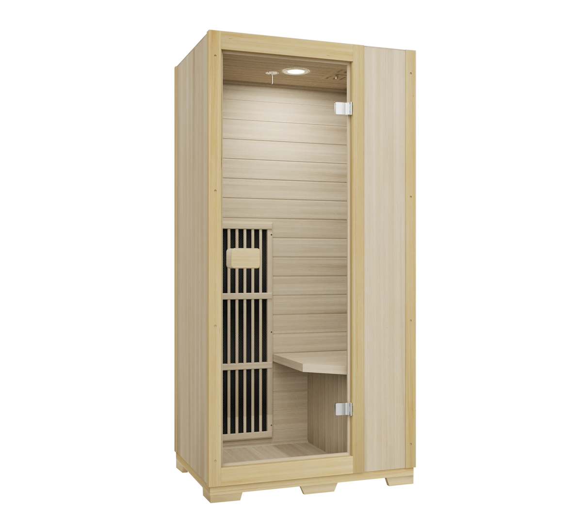 Zoppinh Blisspod Vienna infrared sauna for one with Canadian Hemlock wood, low EMF, measuring 72.8 inches tall, 35.4 inches wide