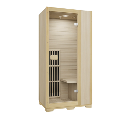 Zoppinh Blisspod Vienna infrared sauna for one with Canadian Hemlock wood, low EMF, measuring 72.8 inches tall, 35.4 inches wide