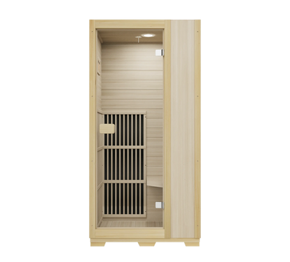 Zoppinh Blisspod Vienna Far Infrared Sauna for One with Canadian Hemlock wood, low EMF, 72.8 inches tall, designed for personalized relaxation.