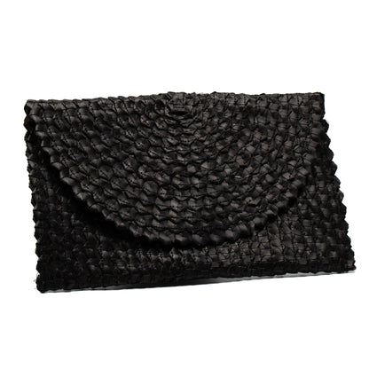 Black pandan leaf clutch purse by Suzie Blue Canada with a sleek, textured design for elegant evening accessories.