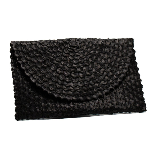 Black pandan leaf clutch purse by Suzie Blue Canada with a sleek, textured design for elegant evening accessories.