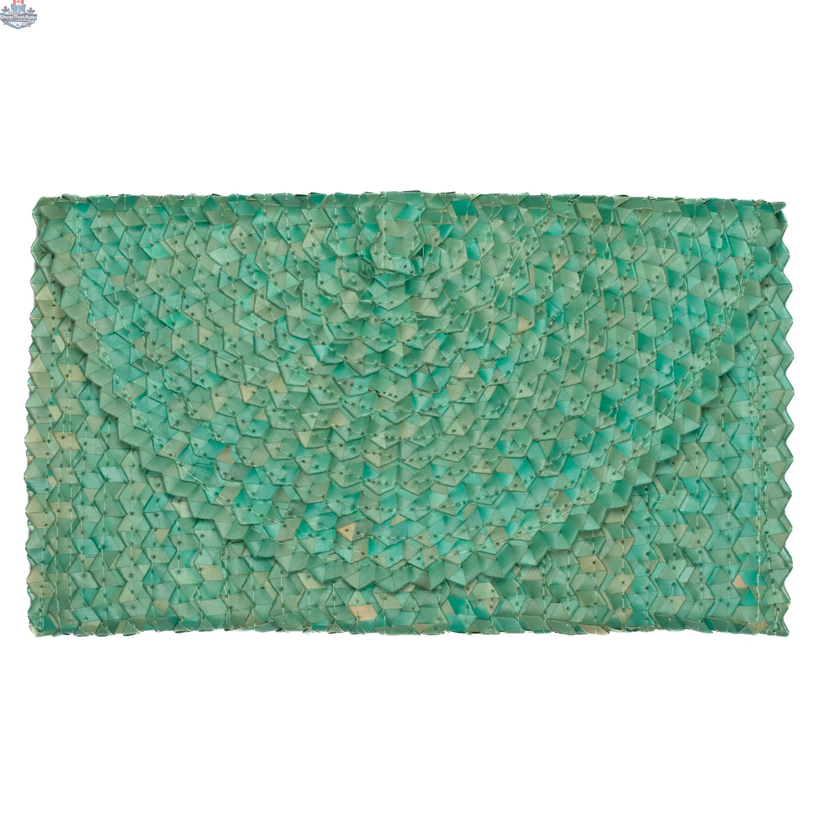Teal pandan leaf clutch purse by Suzie Blue Canada featuring a woven design and compact style, perfect for evening accessories.