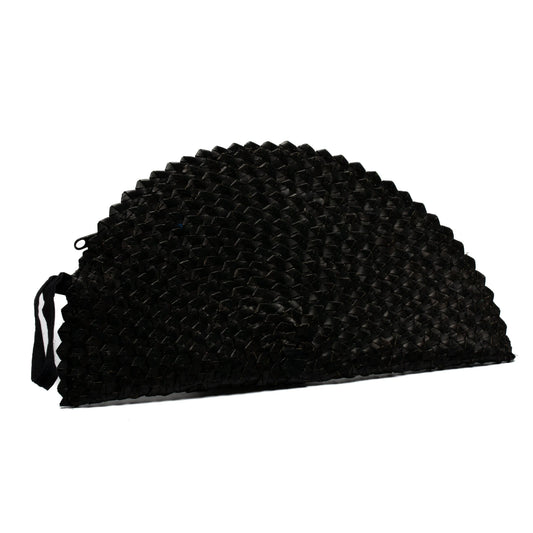 Black pandan leaf clutch purse with a half moon design by Suzie Blue Canada, featuring a sleek and stylish accessory for evening wear.