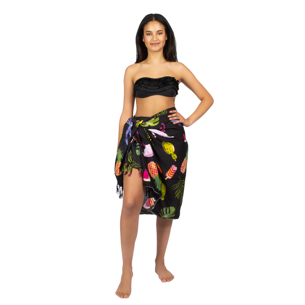 Flamingo Print Sarong - Black Fruit Design - Shopthatapp.ca