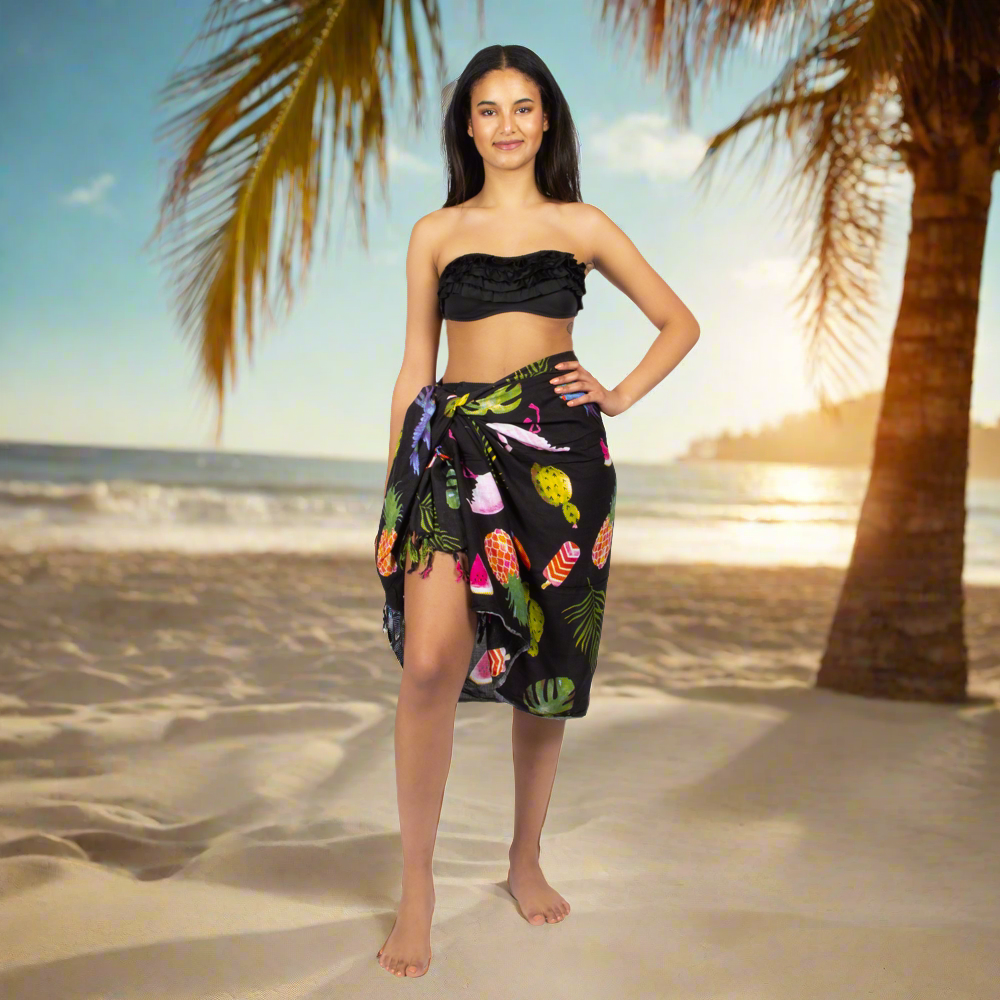Flamingo Print Sarong - Black Fruit Design - Shopthatapp.ca