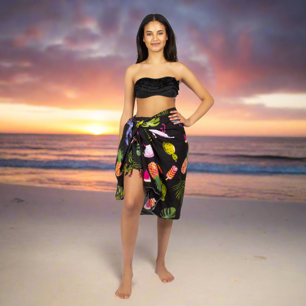 Flamingo Print Sarong - Black Fruit Design - Shopthatapp.ca