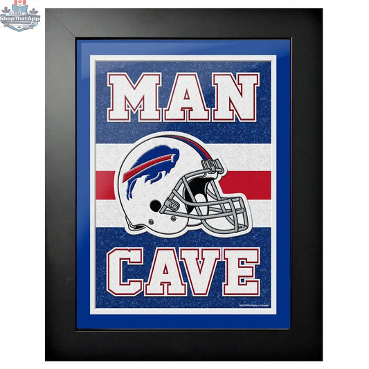 Framed Buffalo Bills man cave wall decor featuring team logo and artwork, 12x16 inches, Sports Decor brand.