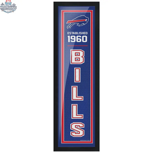 Buffalo Bills wall art in a 6x22 inch framed NFL wall decor with team logo and established date from Sports Decor.