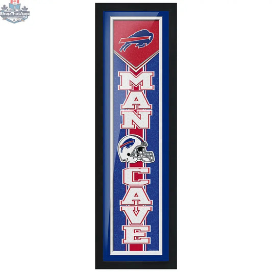 Buffalo Bills man cave wall art framed decor, 6"x22", featuring NFL team logo for sports fan display.