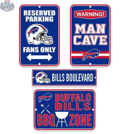 Set of four Buffalo Bills fan signs wall decor by Sports Decor featuring team-themed NFL signs for passionate fans.