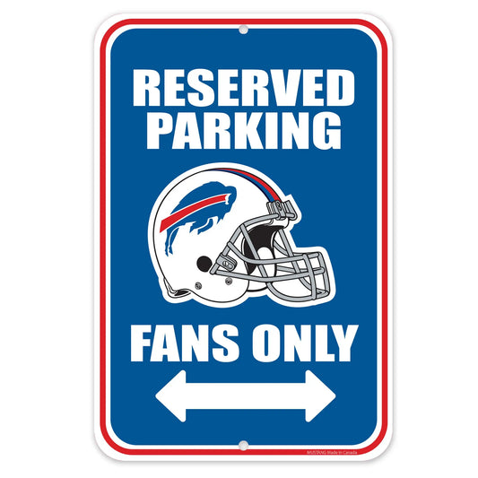 Buffalo Bills parking sign wall decor, 10x15 inches, featuring NFL team logo and vibrant team colors for sports fan decor.