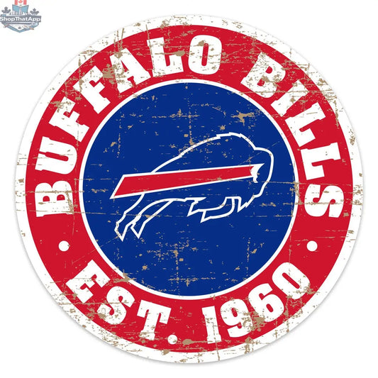 Buffalo Bills distressed round wall decor sign, 22-inch vintage NFL team wall art with white background.