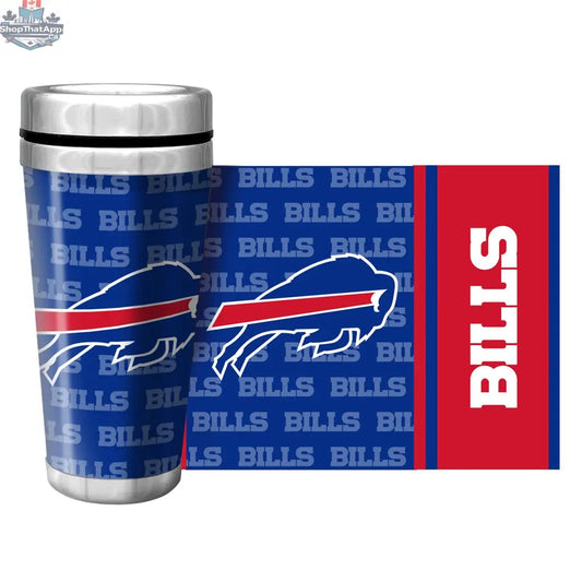Buffalo Bills NFL travel mug with full wrap wallpaper design, 16 oz. Sports Decor branded drinkware for fans.