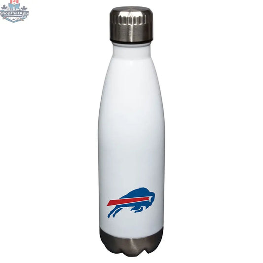 White 17 oz Buffalo Bills water bottle with NFL logo, sports decor, durable drinkware for fans