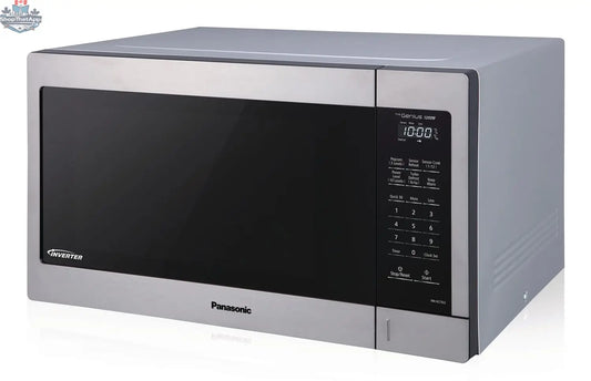 Refurbished Panasonic NN-SC73LSG3 microwave in stainless steel with digital display and turntable, compact household appliance.