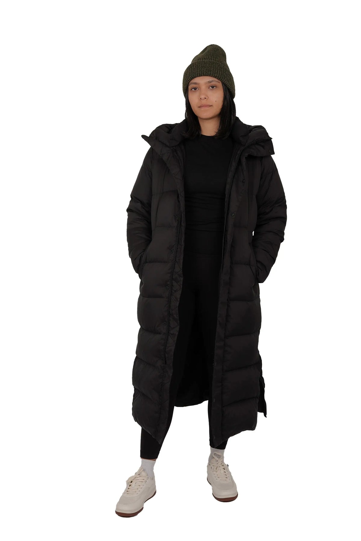 Northern Sun Pantone puffer down jacket, stylish and warm, shown in a front view with a high collar and quilted design.