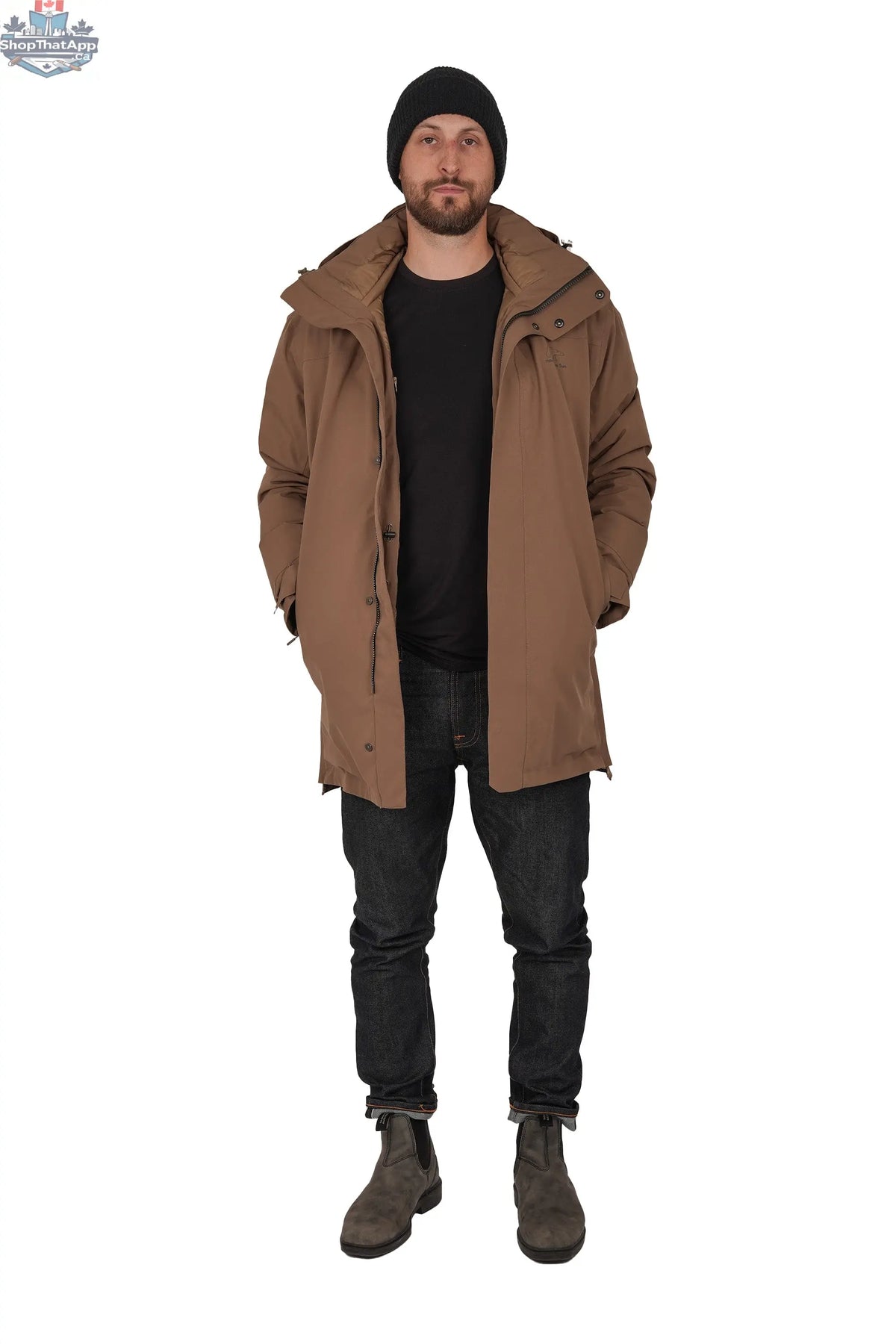 Northern Sun Crow's waterproof parka with hood, featuring durable, insulated design for all-weather outdoor protection.