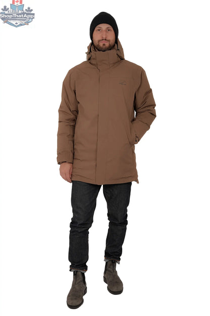 Northern Sun Crow's Waterproof Parka with hood, insulated for down protection, designed for all-weather outdoor wear.