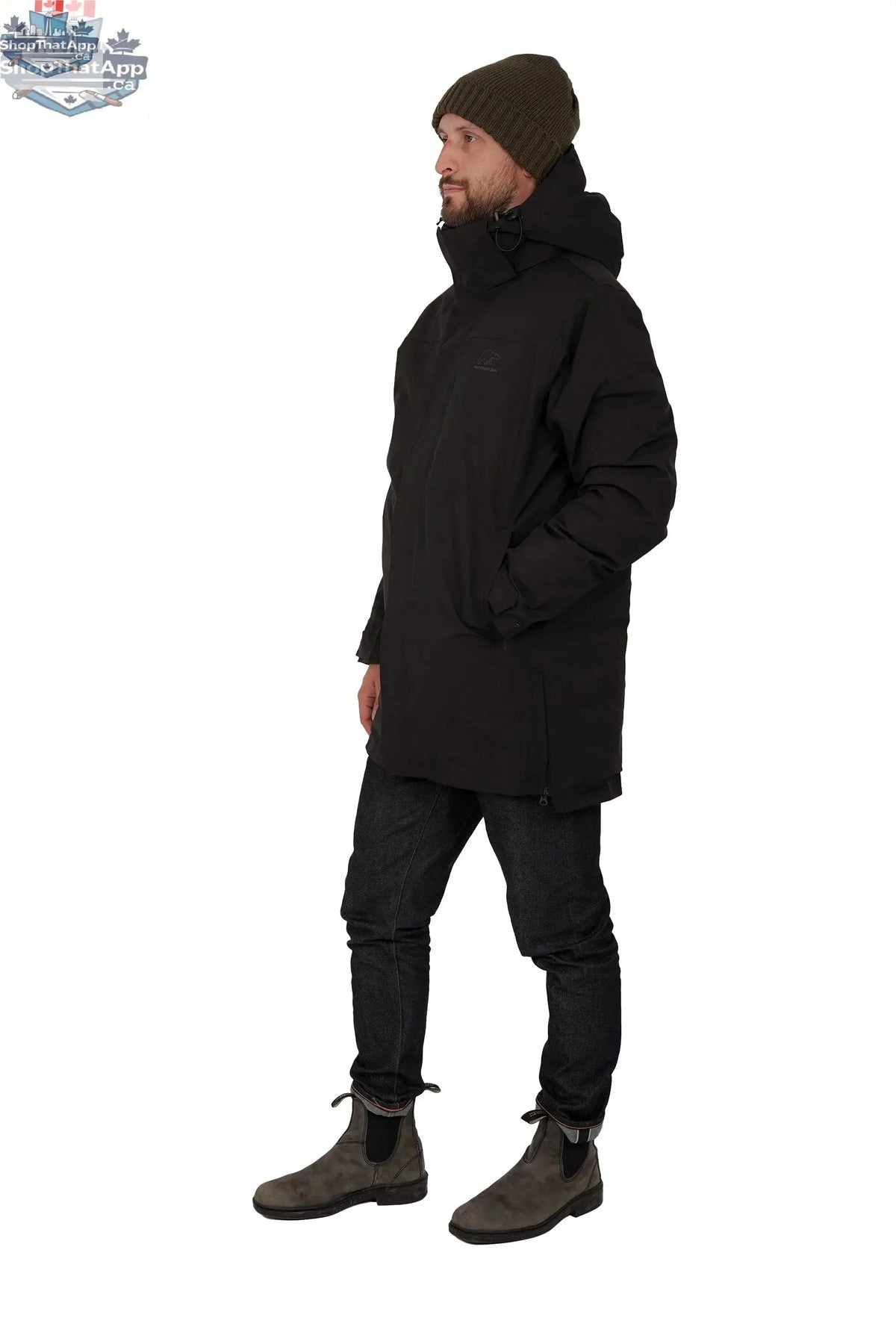 Northern Sun Crow's Waterproof Parka with down insulation, featuring a hood and durable fabric for ultimate weather protection.