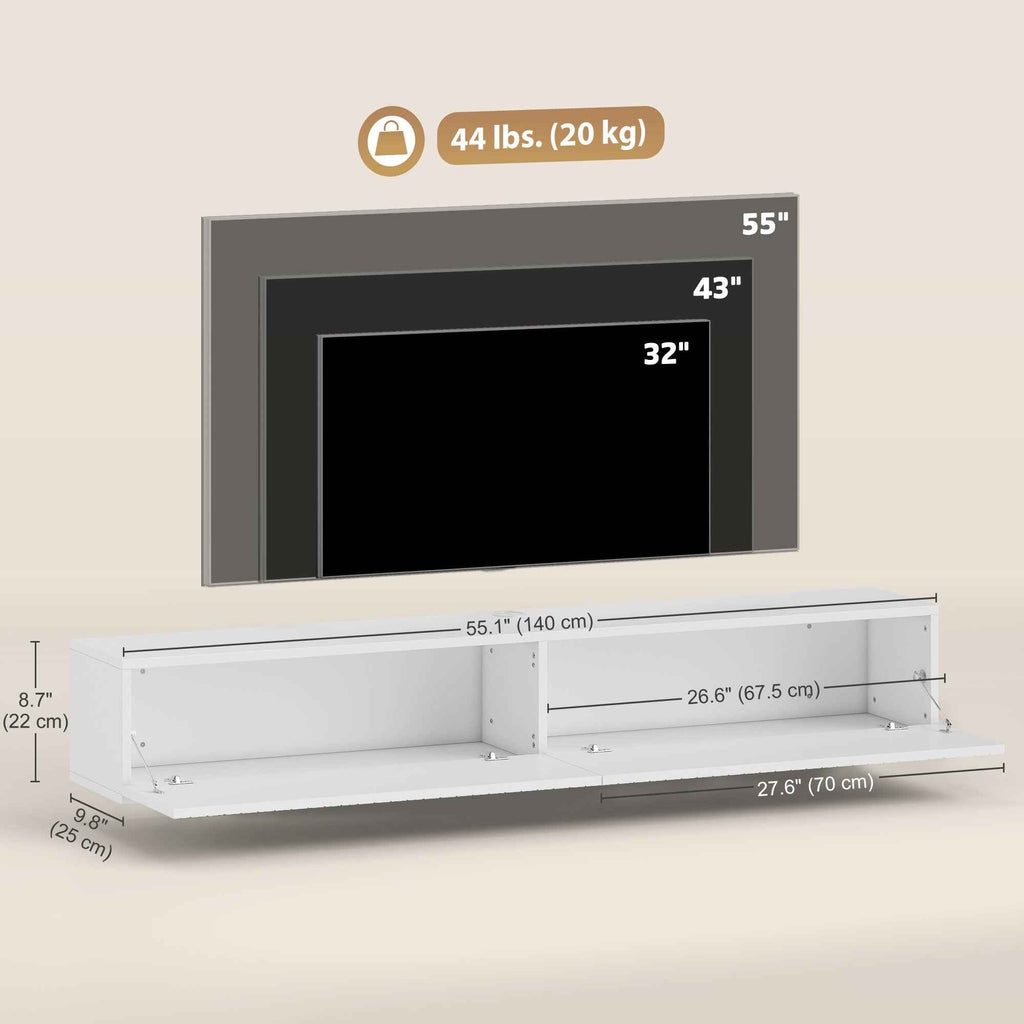 Jesse 55" Floating TV Stand with 2 Fluted Flip-Down Doors for TVs up to 72"-White