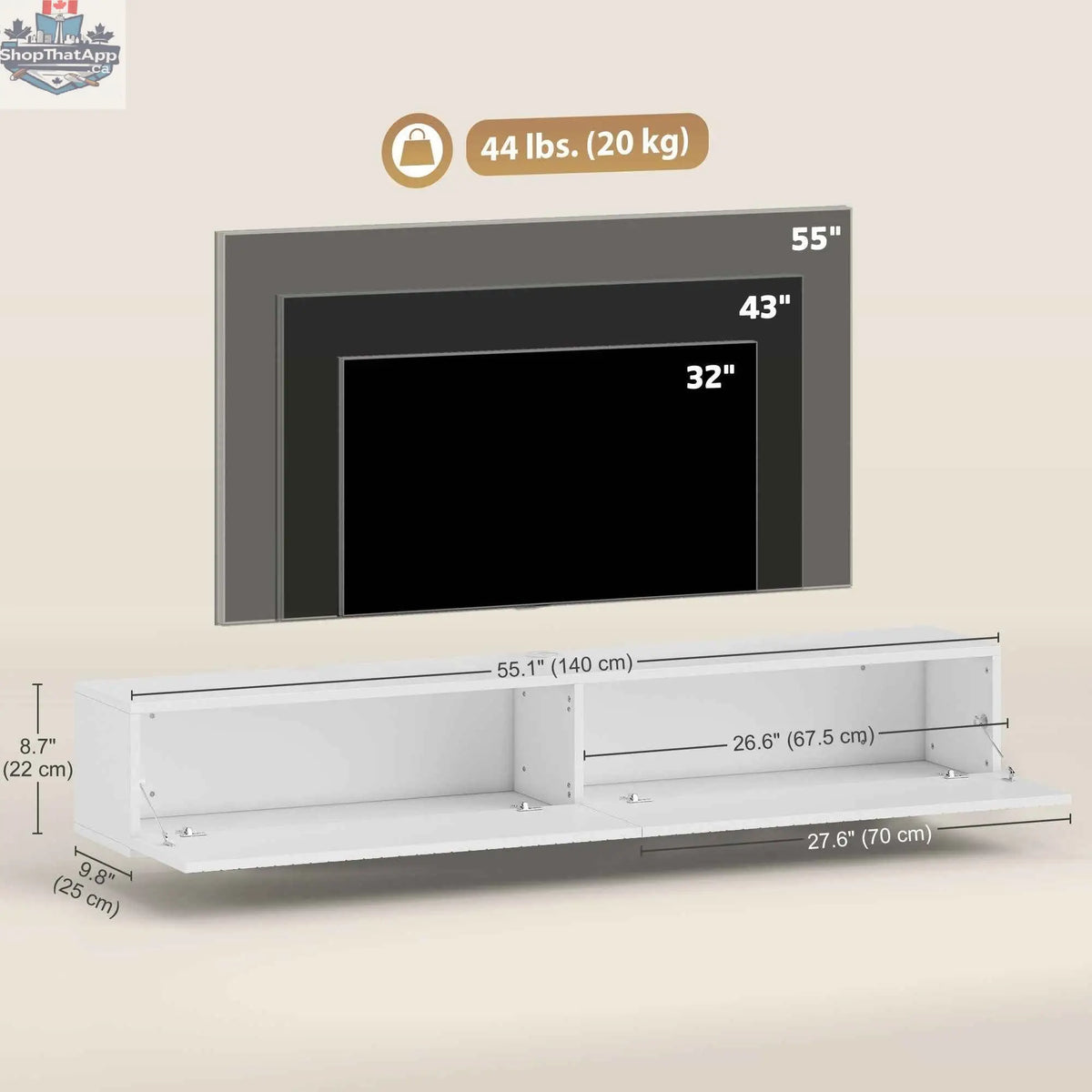 White Jesse floating TV stand by SLOTH Nation with two fluted flip-down doors for 55-inch TVs up to 72 inches.