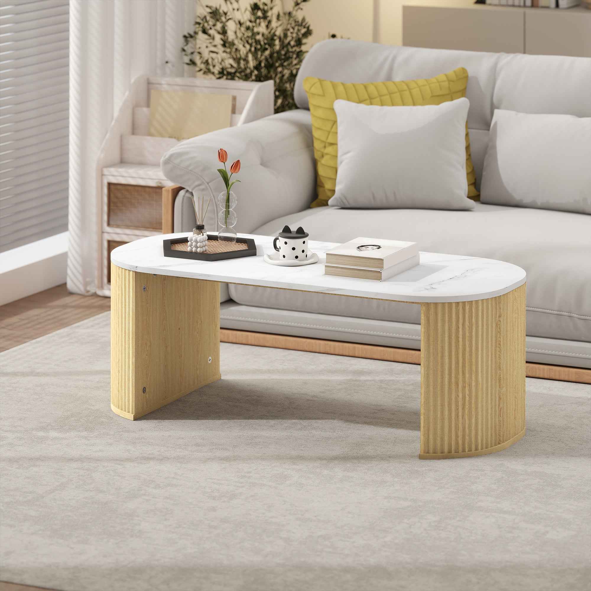 Cameron Modern Faux-Marble Coffee Table-Natural Wood