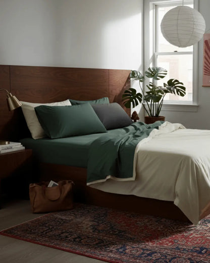 Skylark+Owl Canada refined sateen fitted sheet in chalk and forest color, offering luxurious comfort and a smooth, elegant finish.