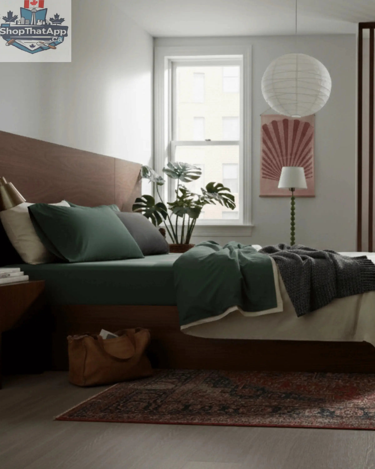 Refined sateen duvet cover in chalk and slate colors from Skylark+Owl Canada, adds elegant style to bedroom decor.