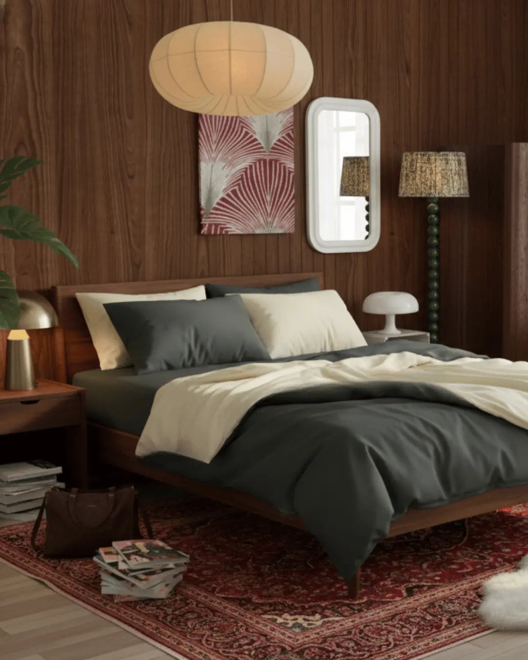 Skylark+Owl Canada refined sateen fitted sheet in chalk and slate color, showcasing smooth, luxurious bed sheet fabric.