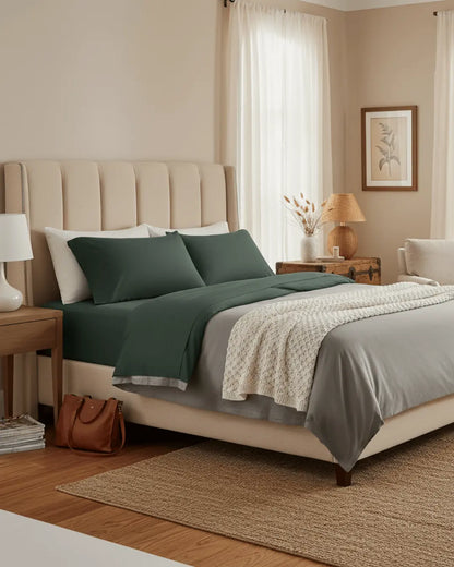 Light grey and forest green sateen sheet set from Skylark+Owl Canada featuring smooth, luxurious fabric for comfortable bedroom bedding.