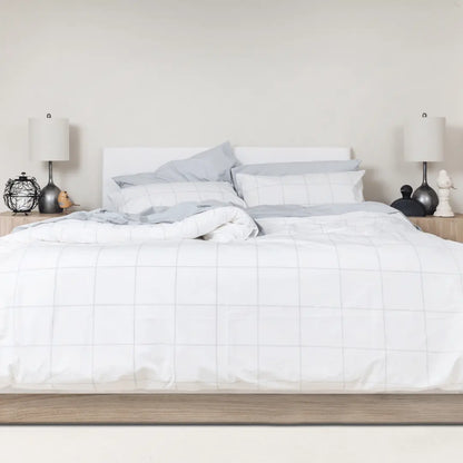 Organic percale duvet cover set and pillowcases by Skylark+Owl Canada, soft washed linen bedding in neutral tones.