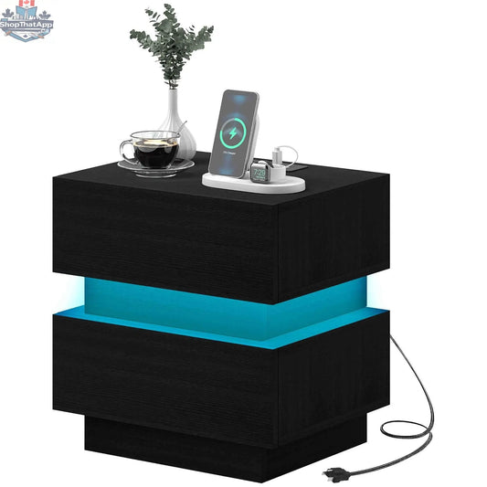 Black Emma bedside table by SLOTH Nation with USB ports, charging station, and LED light, featuring a sleek bedroom furniture design.