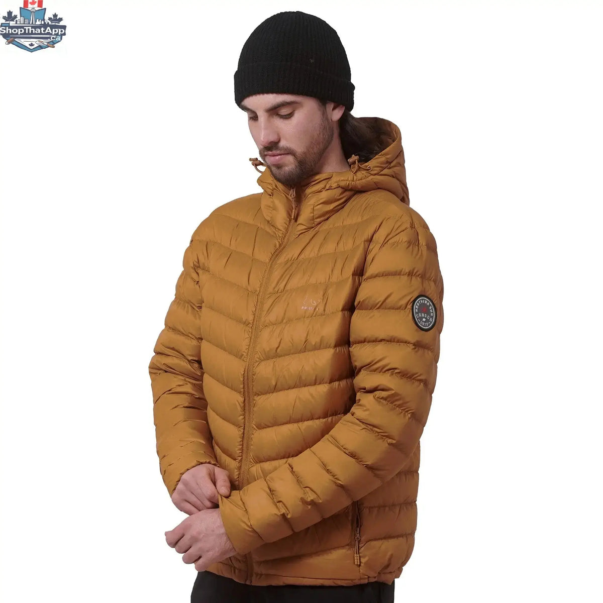 Northern Sun packable down jacket in caramel color, lightweight and insulated for warmth and portability.