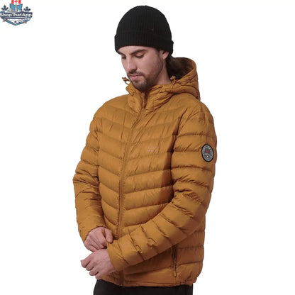 Northern Sun packable down jacket in caramel color, lightweight and insulated for warmth and portability.