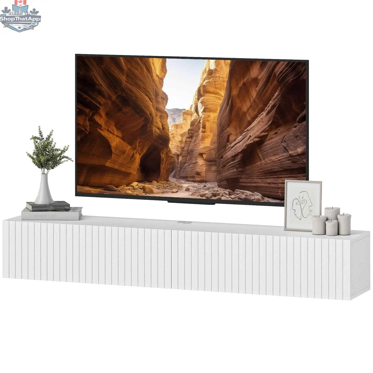 White Jesse floating TV stand with two fluted flip-down doors for 55-inch TVs up to 72 inches, by SLOTH Nation.