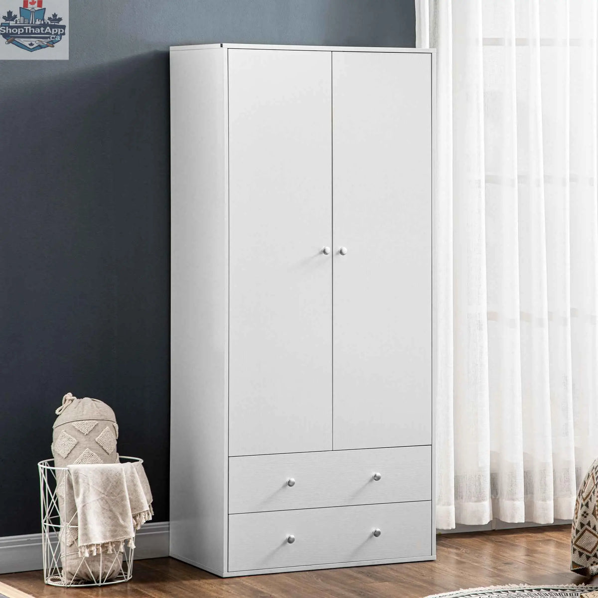 White Briar Modern Wardrobe by SLOTH Nation with two drawers and hanging rod for bedroom storage.