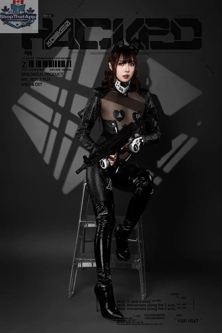 Tactical anime girl bodysuit by MRJCOS featuring black PU leather and sheer mesh for cosplay costume with detailed design.