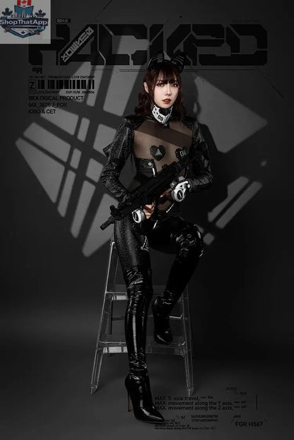 Tactical anime girl bodysuit by MRJCOS featuring black PU leather and sheer mesh for cosplay costume with detailed design.