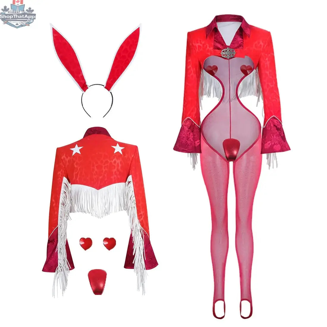 Wild Bunny Cowgirl costume by MRJCOS featuring a PU leather jacket and sheer lingerie, perfect for cosplay or costume parties.