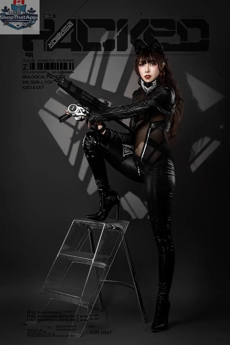 Tactical anime girl bodysuit by MRJCOS featuring black PU leather and sheer mesh panels, full cosplay costume with detailed design.