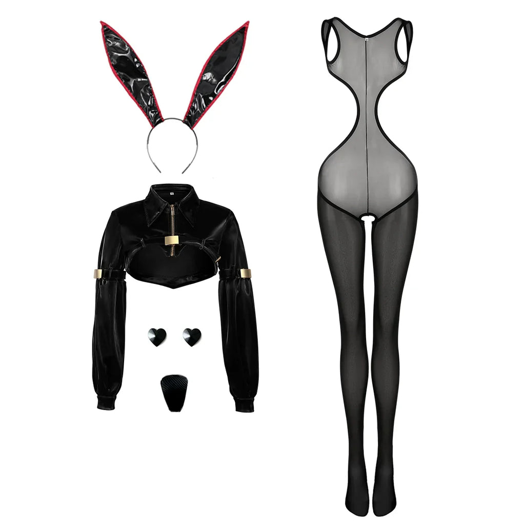 Bunny Girl Sexy Cute Costume PU Jacket Sheer Stockings Cosplay Lingerie Set - Shopthatapp.ca